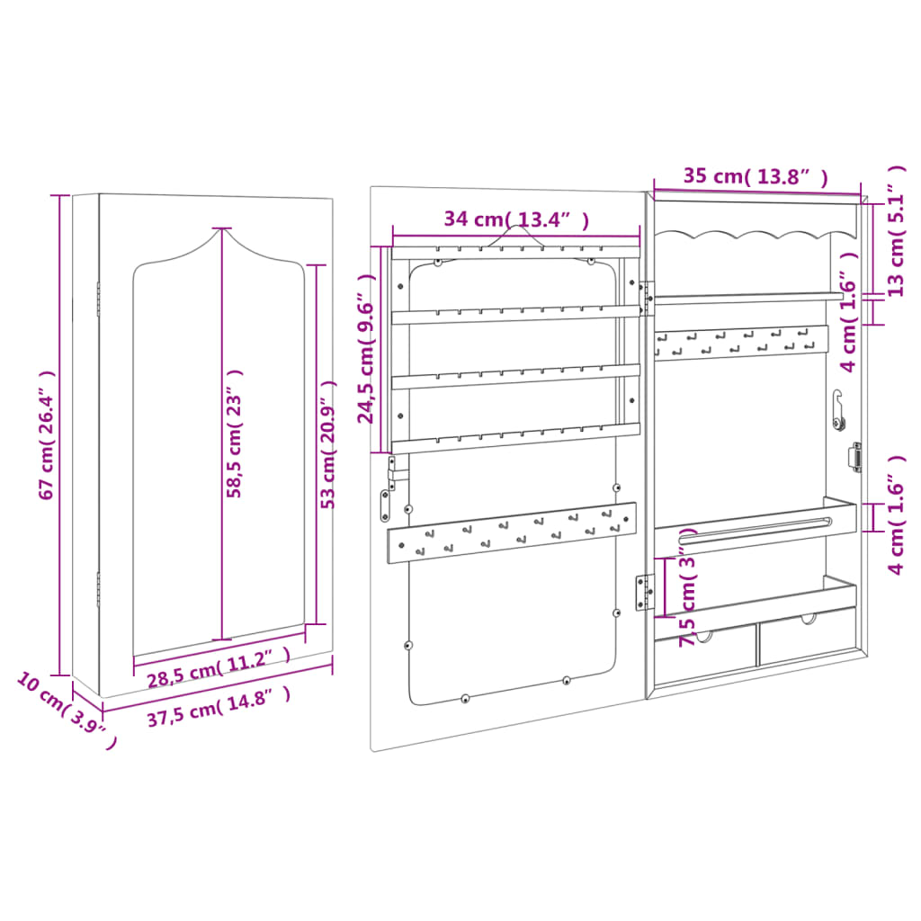 Armadio Portagioie con Specchio a Muro 37,5x10x67 cm