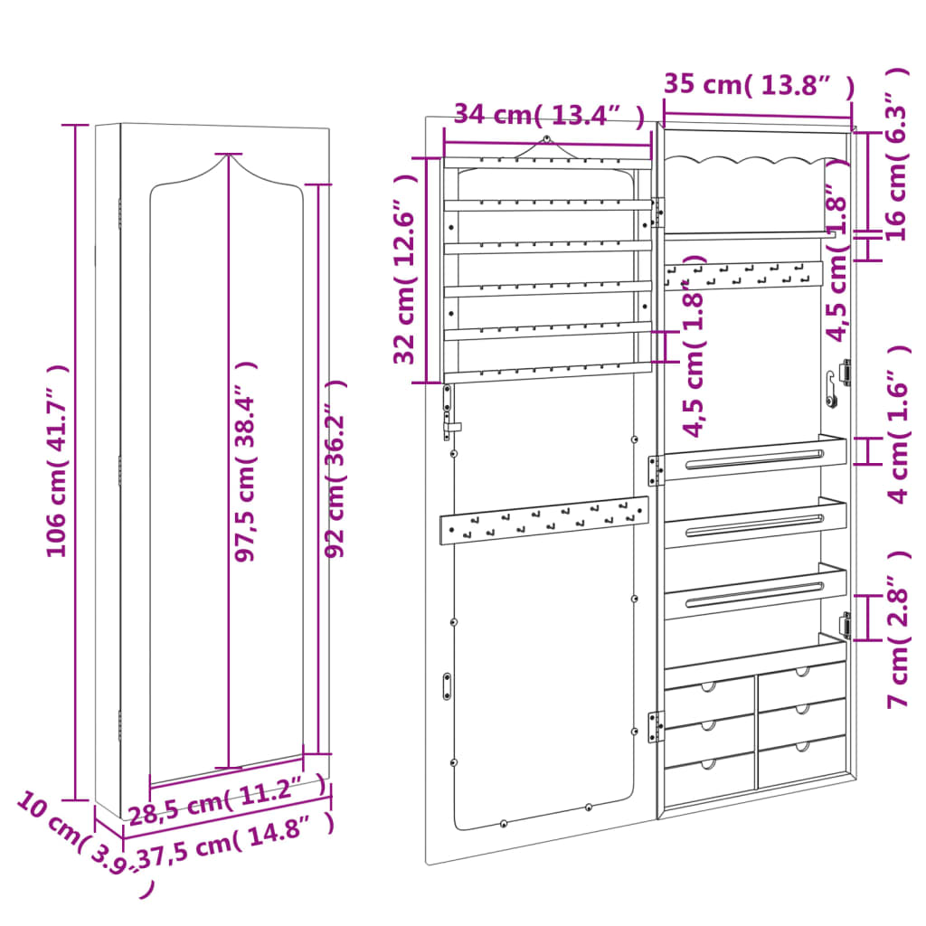 Armadio Portagioie con Specchio a Muro 37,5x10x106 cm