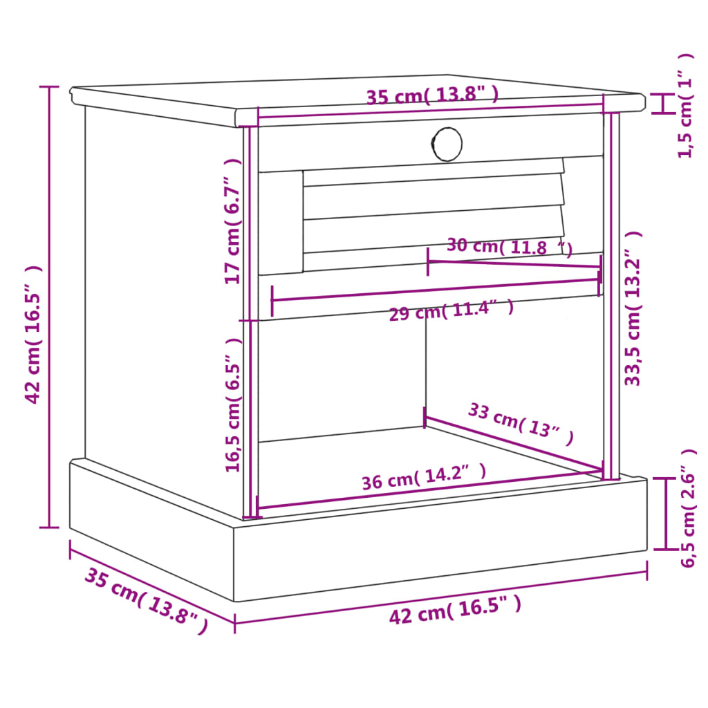 Comodino VIGO 42x35x42 cm in Legno Massello di Pino