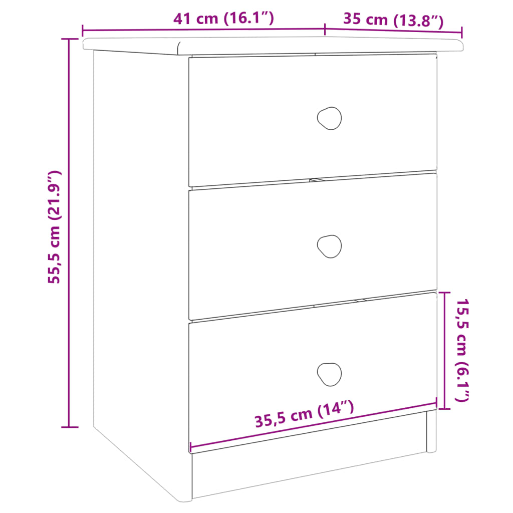 Comodino ALTA 41x35x55,5 cm in Legno Massello di Pino