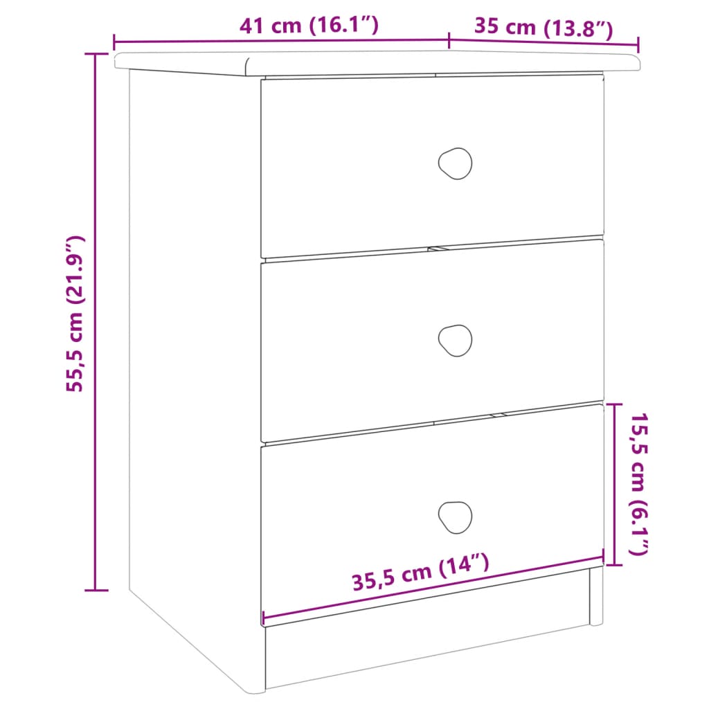 Comodino ALTA Bianco 41x35x55,5 cm in Legno Massello di Pino