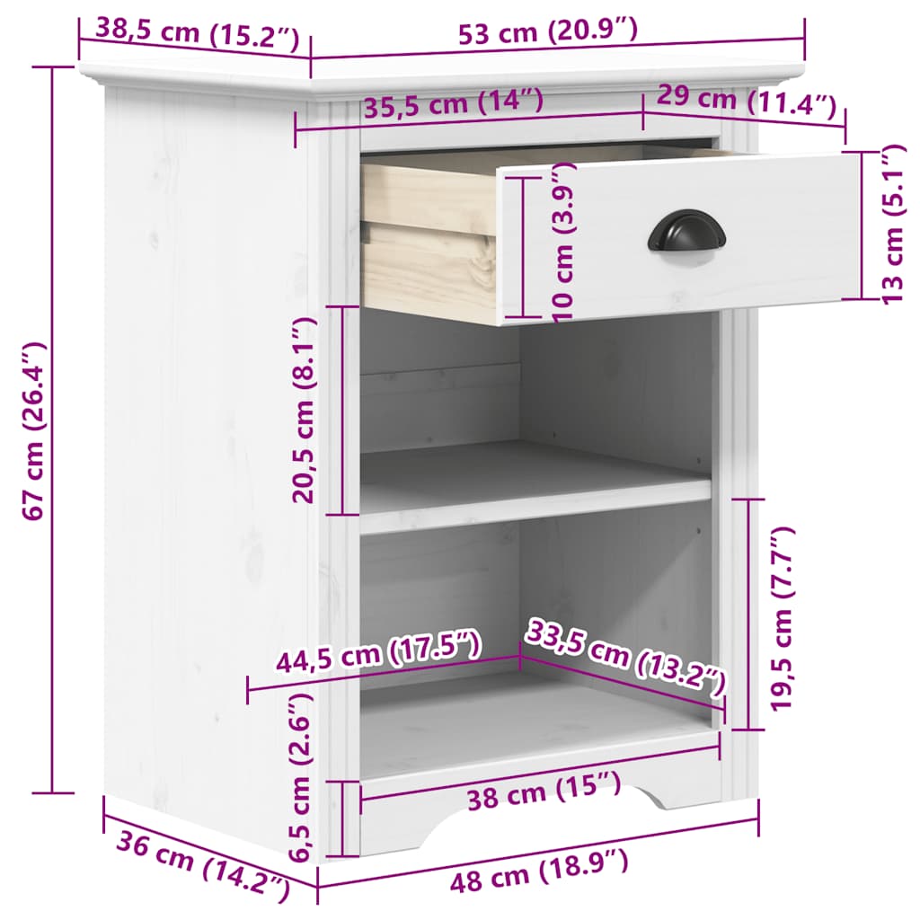 Comodino BODO 53x38,5x67 cm in Legno Massello di Pino Bianco