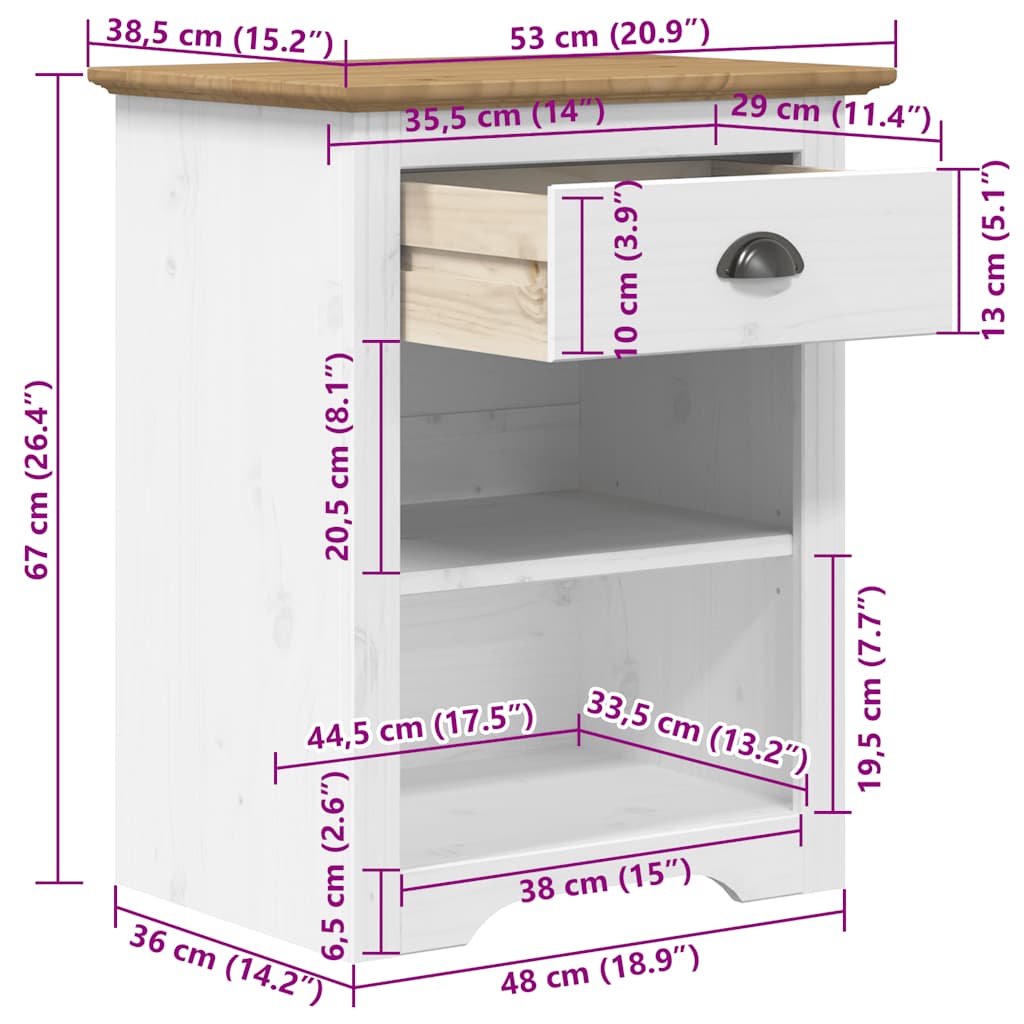 Comodino BODO 53x38,5x67 cm in Legno Massello di Pino Marrone