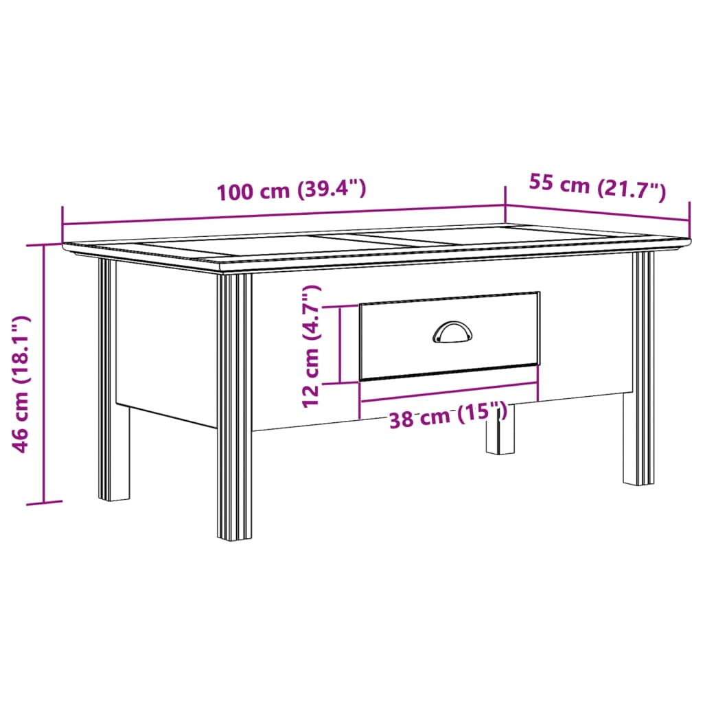 Tavolino BODO 100x55x46 cm Legno Massello Pino Bianco e Marrone