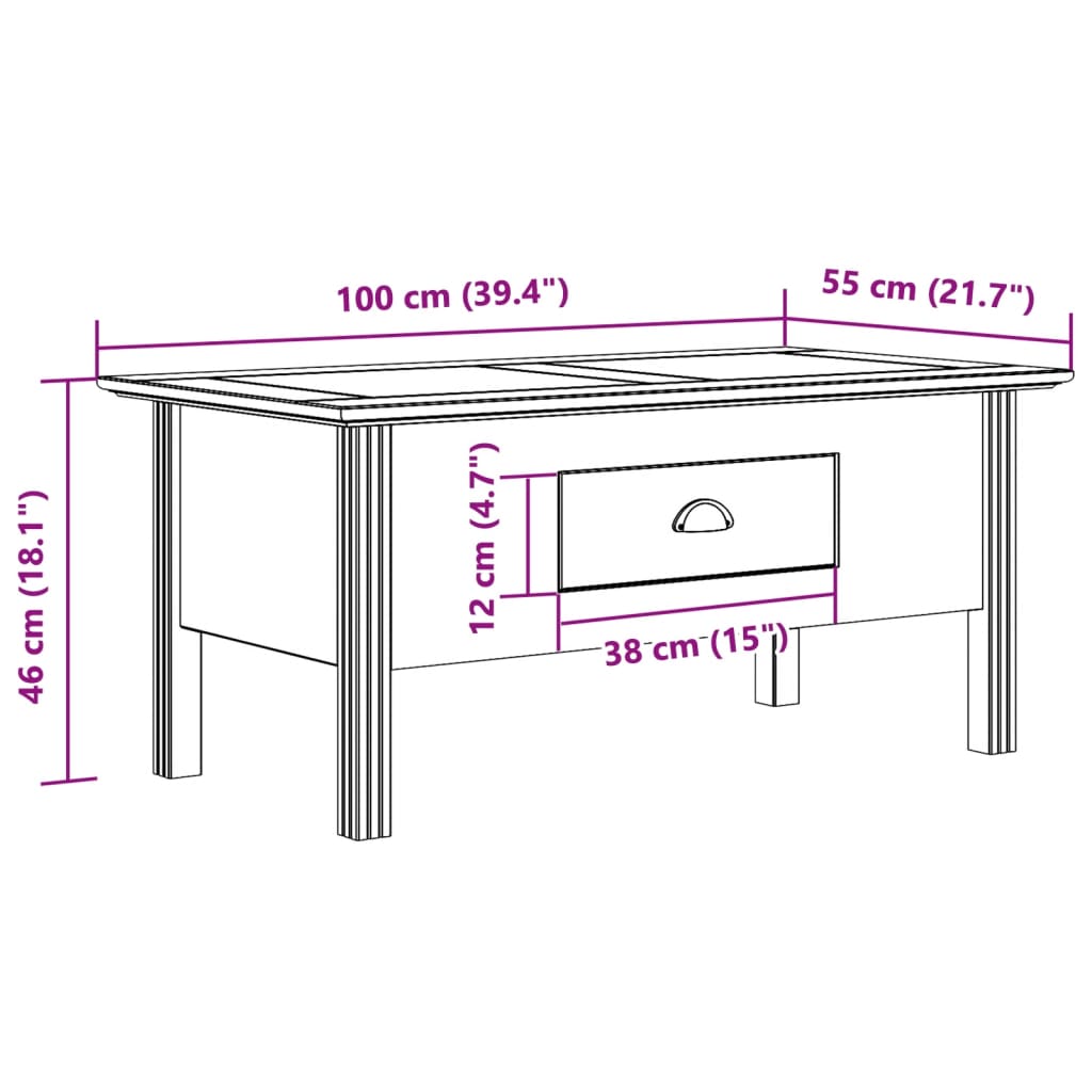 Tavolino da Salotto BODO 100x55x46cm Legno Massello Pino Grigio