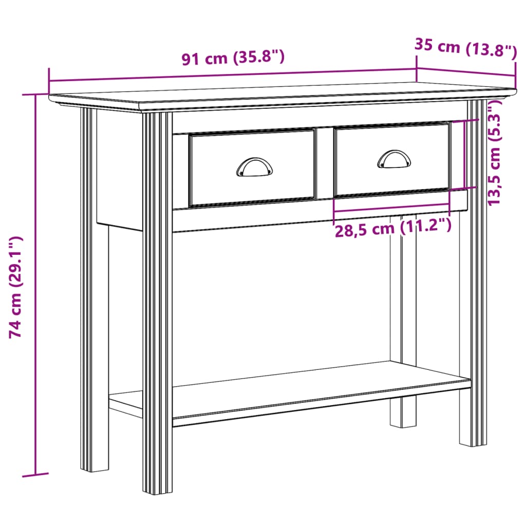 Tavolo Consolle BODO 91x35x74 cm Legno Massello Pino Bianco