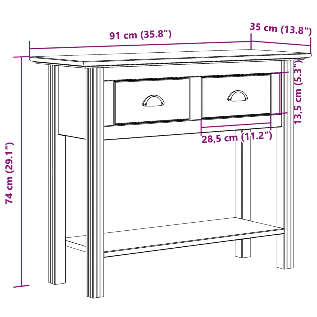 Tavolo Consolle BODO 91x35x74 cm Legno Massello Pino Marrone