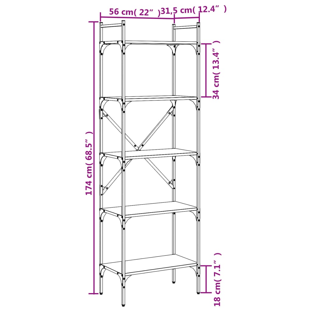 Libreria Grigio Sonoma 5 Ripiani 56x31,5x174 cm Multistrato