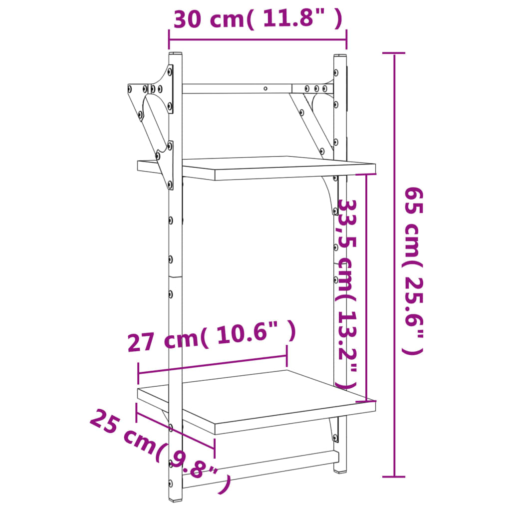 Mensole a Parete con Aste 2pz Rovere Fumo 30x25x65 cm