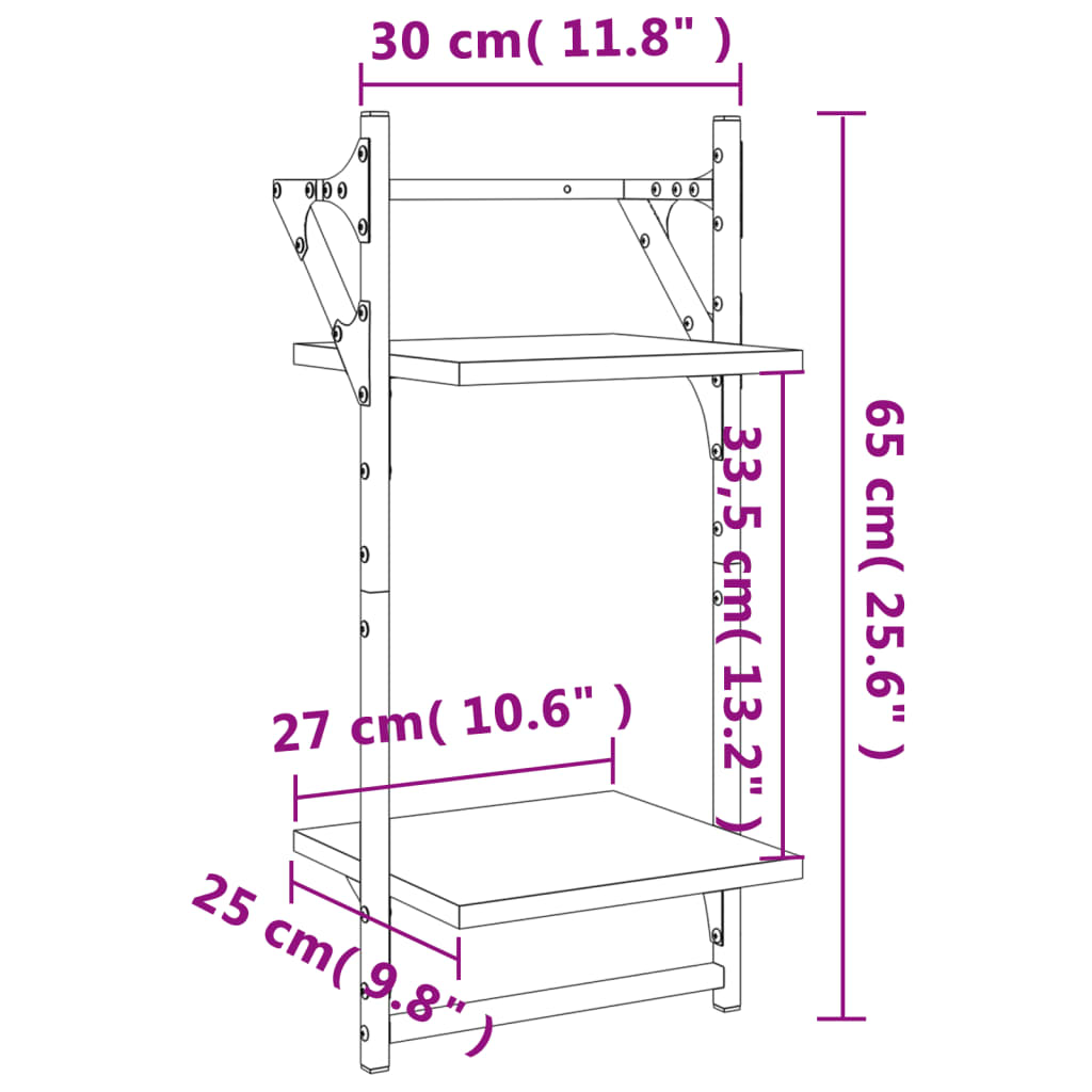 Mensole a Muro con Aste 2 Livelli 2pz Rovere Marrone 30x25x65cm