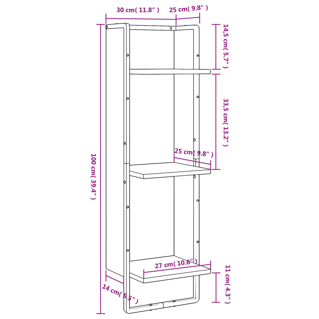 Scaffale a Parete 3 Ripiani Rovere Fumo 30x25x100cm Multistrato