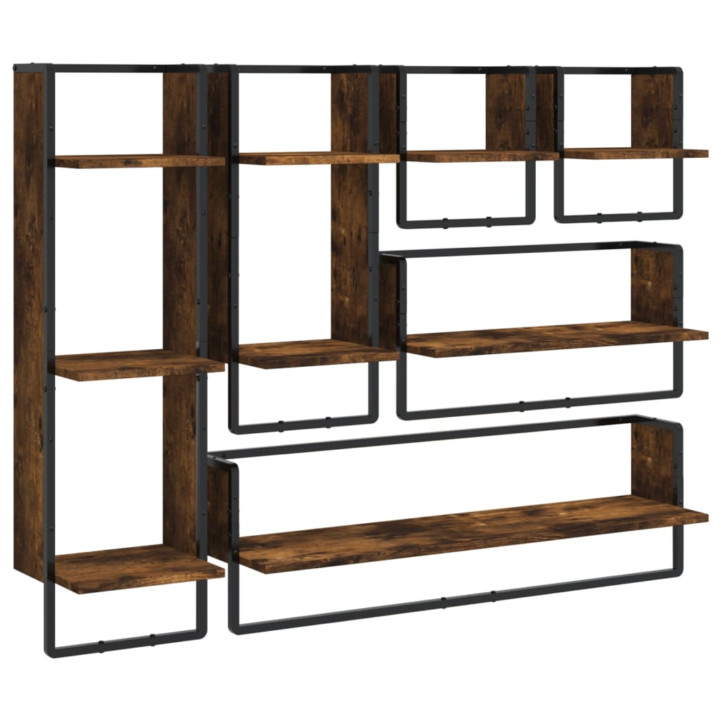 Set Mensole Parete con Aste 6pz Rovere Fumo Legno Multistrato