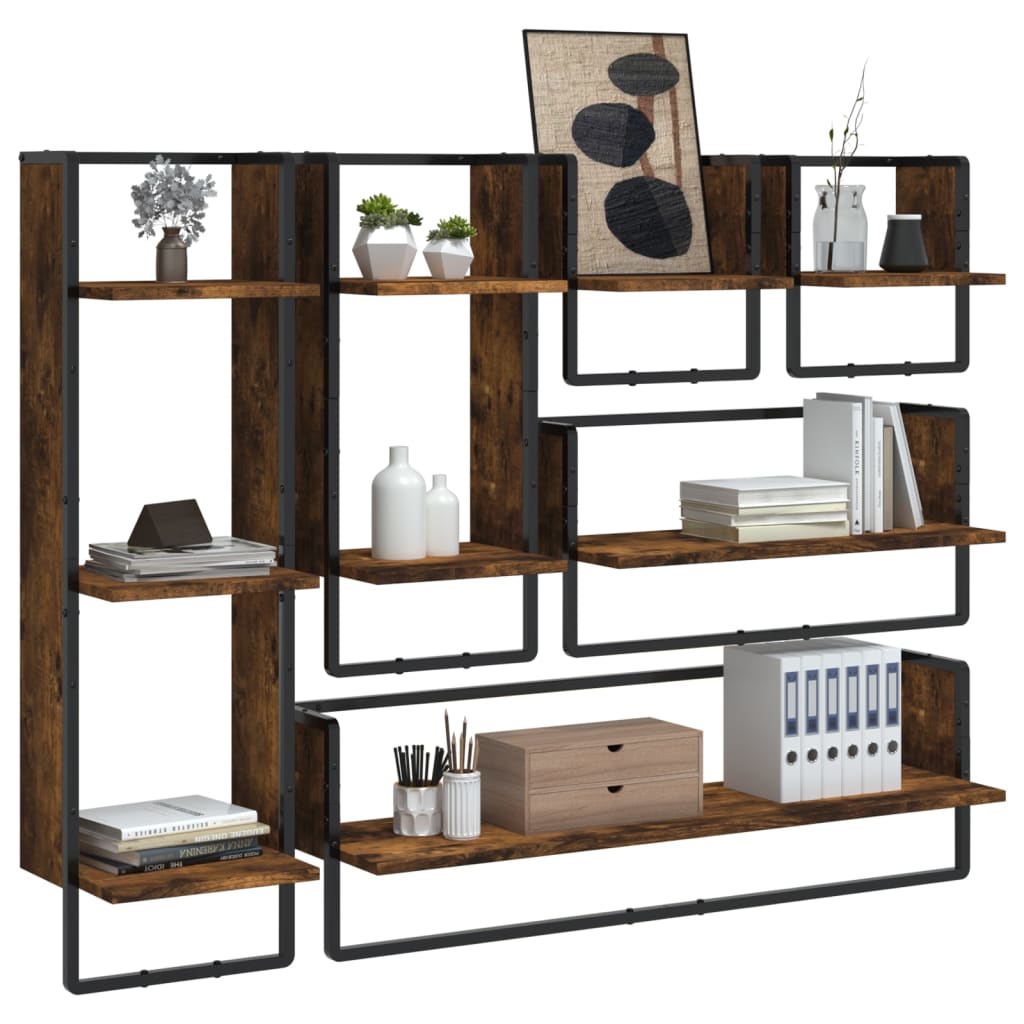 Set Mensole Parete con Aste 6pz Rovere Fumo Legno Multistrato