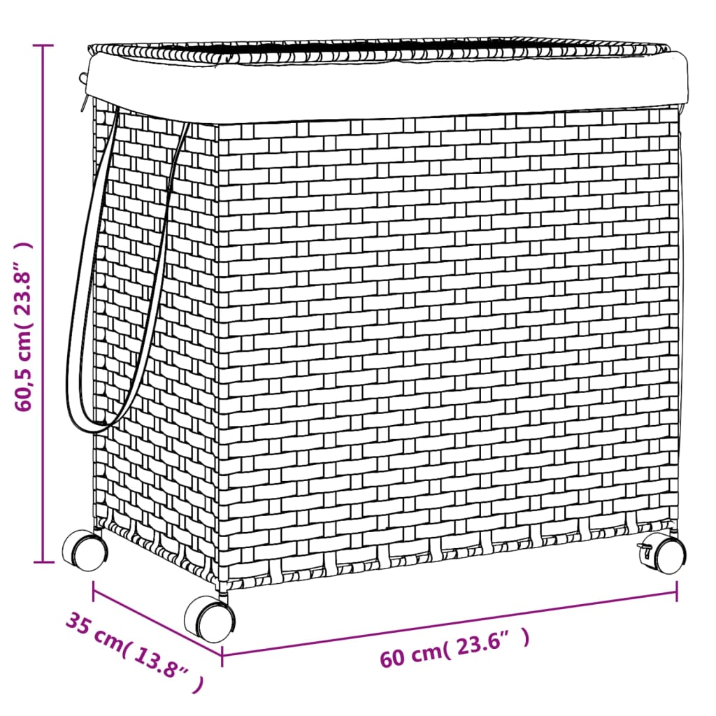 Cesto Portabiancheria con Ruote Grigio 60x35x60,5 cm Rattan