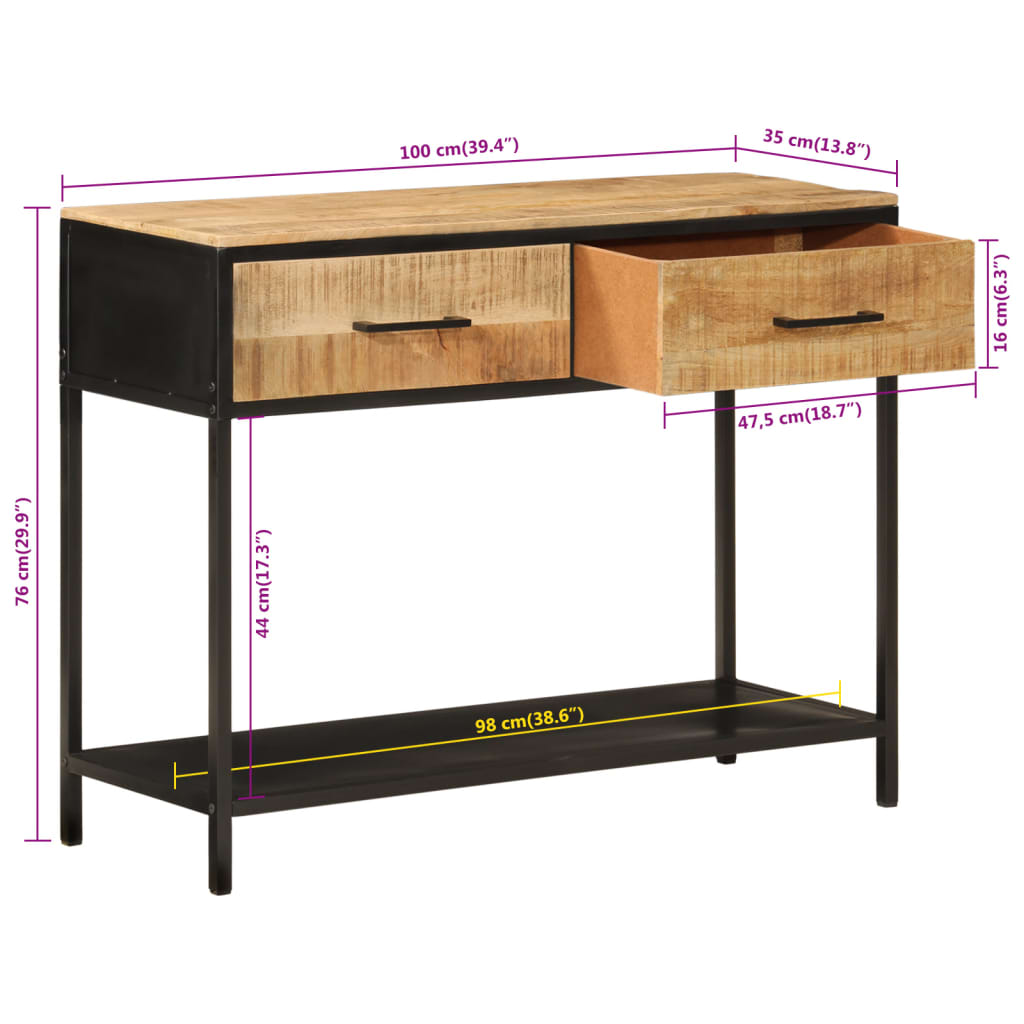 Tavolo Consolle 100x35x76 cm in Legno Massello di Mango e Ferro