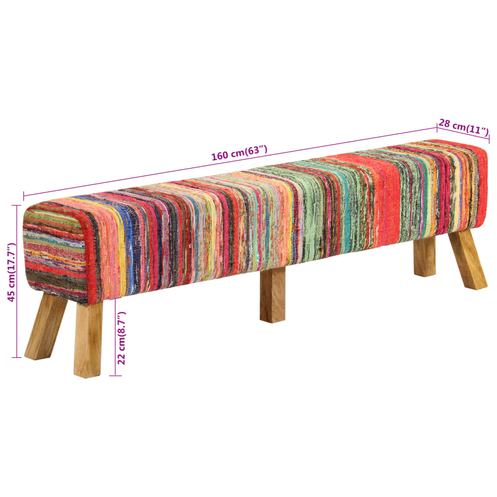 Panca Multicolore 160 cm Tessuto Chindi e Legno Massello Mango