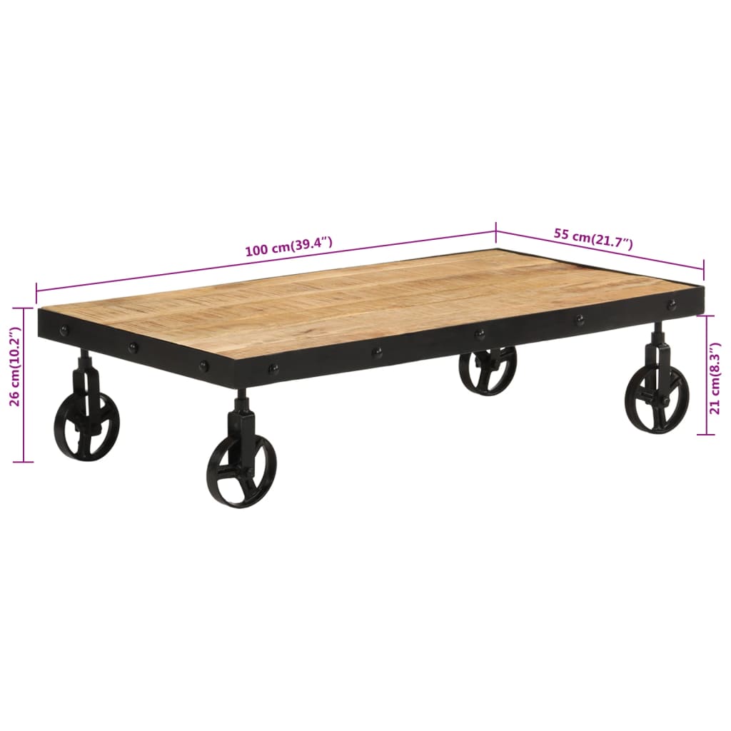 Tavolino da Salotto con Ruote Legno Massello Mango 100x55x26 cm