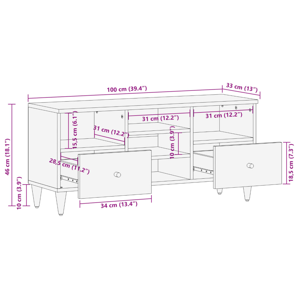 Mobile Porta TV 100x33x46 cm in Legno Massello di Mango