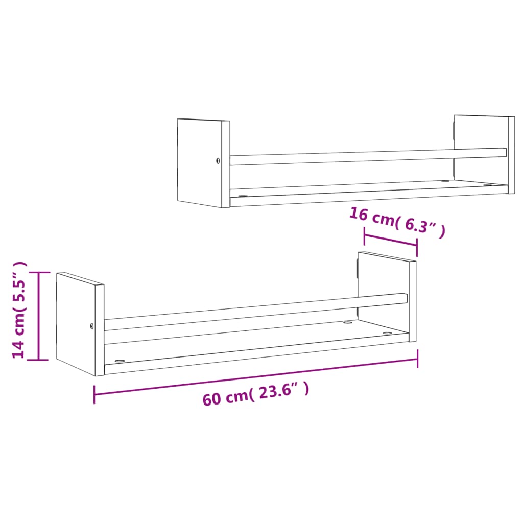 Mensole a Parete con Aste 2pz Rovere Fumo 60x16x14 cm