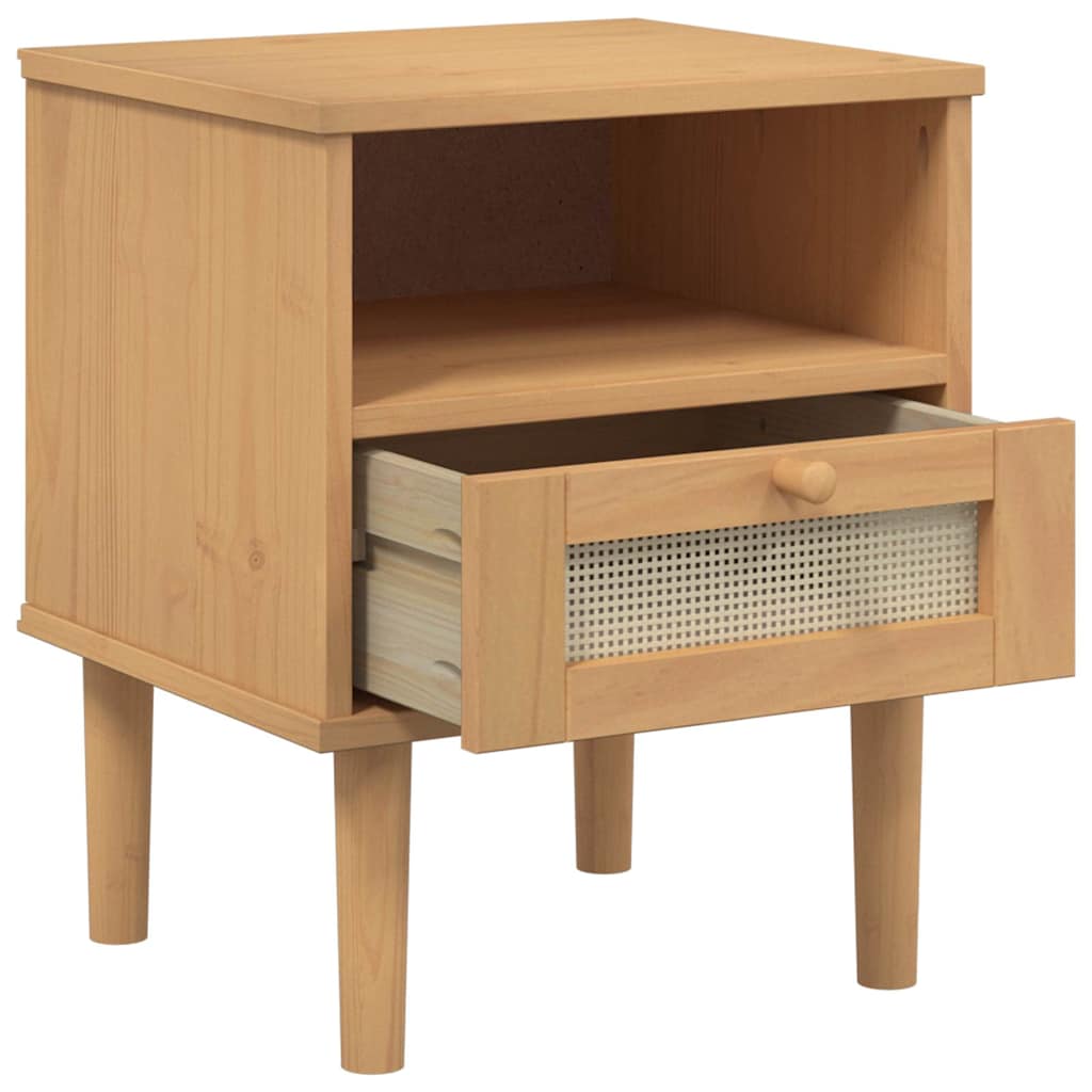 Comodino SENJA Marrone Aspetto Rattan 40x35x48 cm in Legno Pino