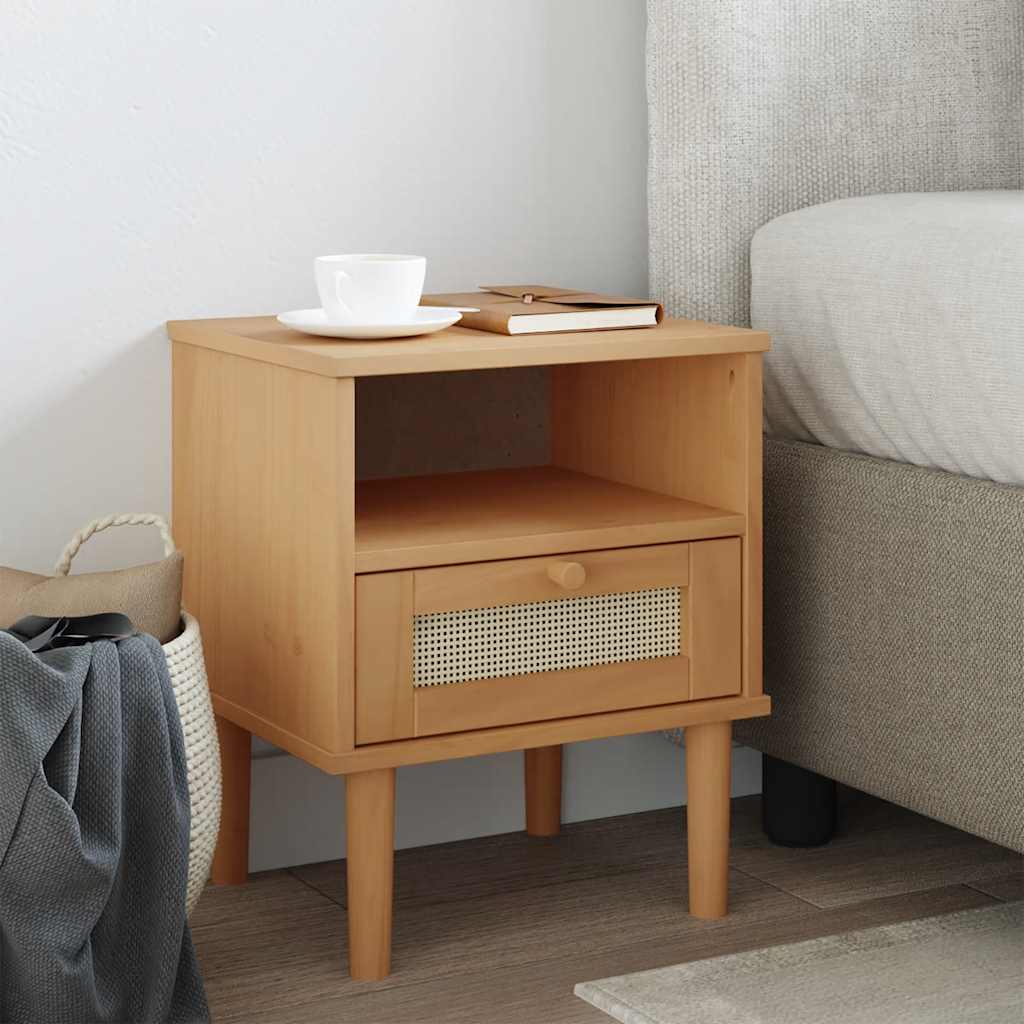 Comodino SENJA Marrone Aspetto Rattan 40x35x48 cm in Legno Pino