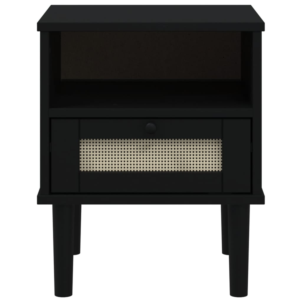 Comodino SENJA Nero Aspetto Rattan 40x35x48 cm in Legno di Pino
