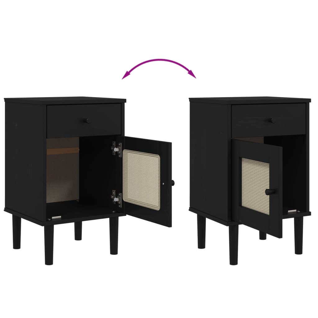 Comodino SENJA Aspetto Rattan Nero 40x35x65 cm in Legno Pino