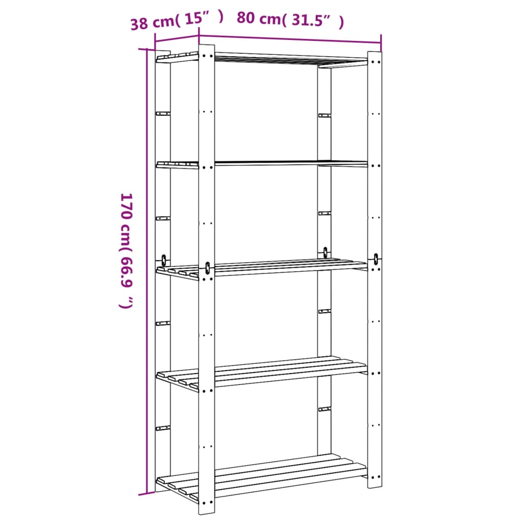 Scaffale a 5 Livelli Nero 80x38x170 cm in Legno di Pino