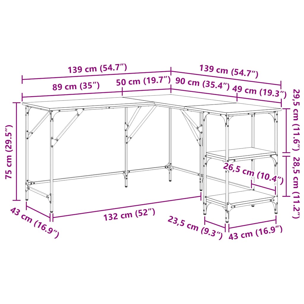 Scrivania Rovere Sonoma 139x139x75 cm in Legno Multistrato