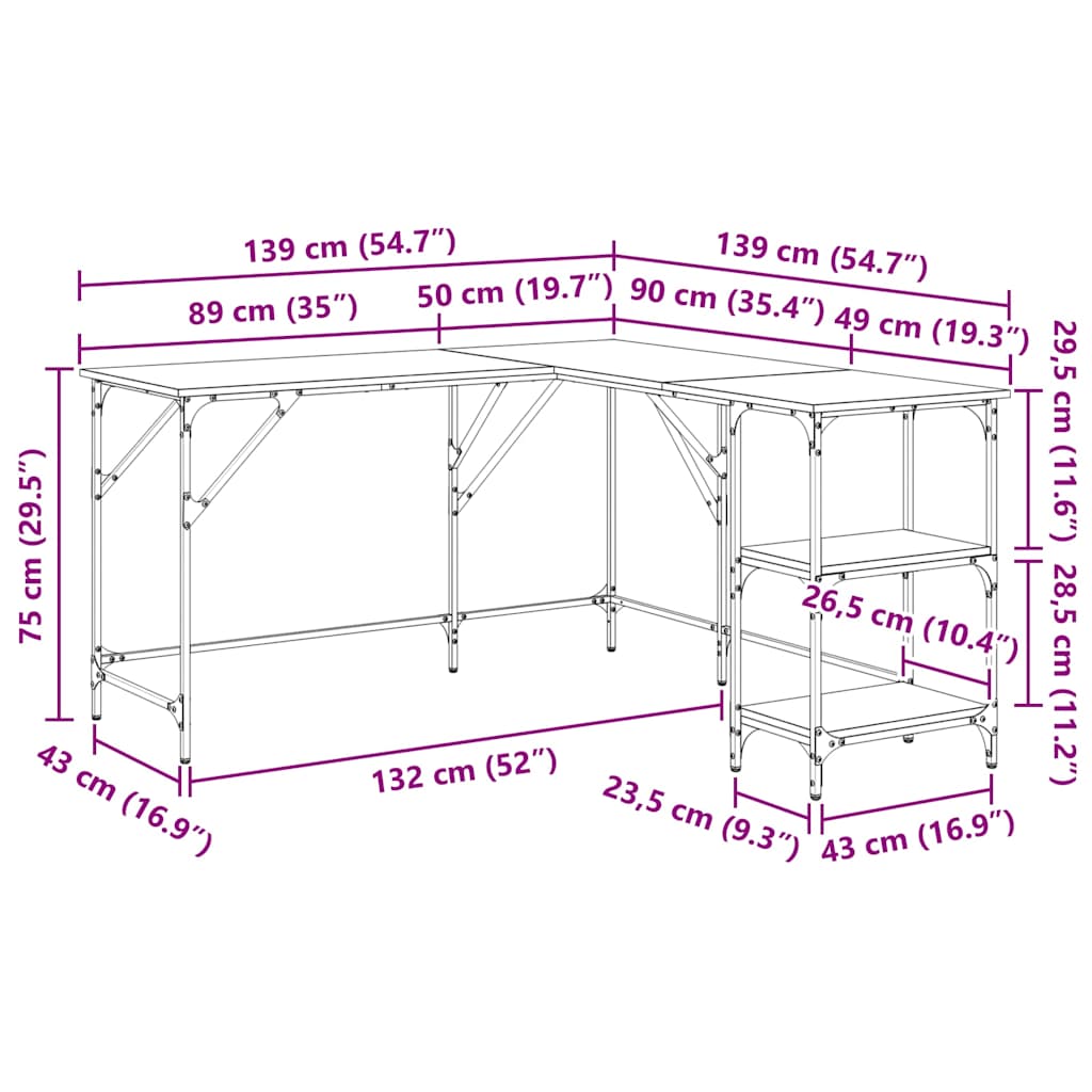 Scrivania Rovere Fumo 139x139x75 cm in Legno Multistrato