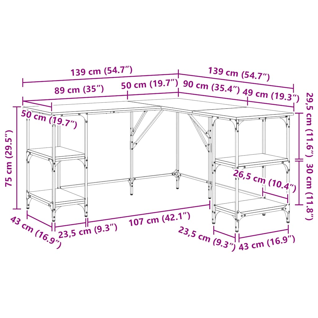 Scrivania Rovere Fumo 139x139x75 cm in Legno Multistrato