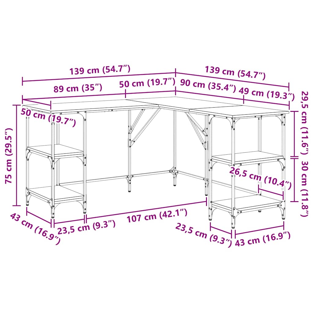 Scrivania Rovere Marrone 139x139x75 cm in Legno Multistrato