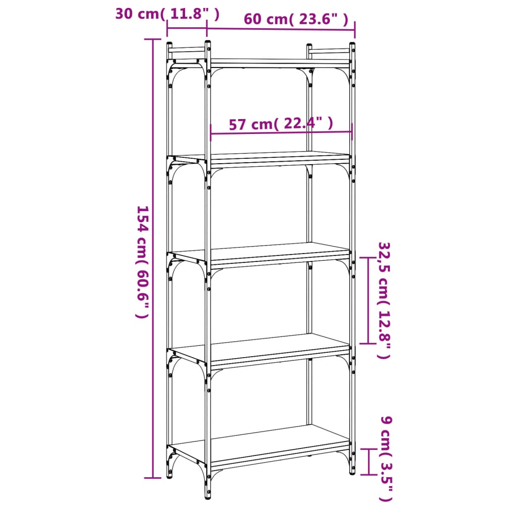 Libreria a 5 Ripiani Nera 60x30x154 cm in Legno Multistrato