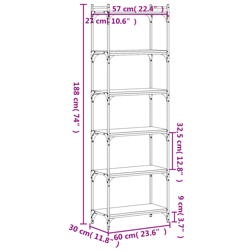 Libreria a 6 Ripiani Nera 60x30x188 cm in Legno Multistrato