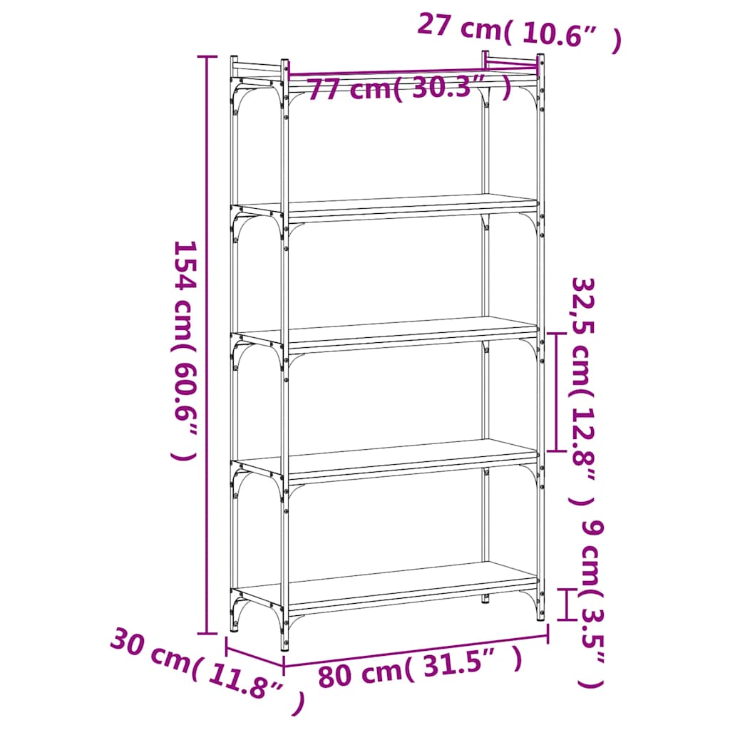 Libreria a 5 Ripiani Nera 80x30x154 cm in Legno Multistrato