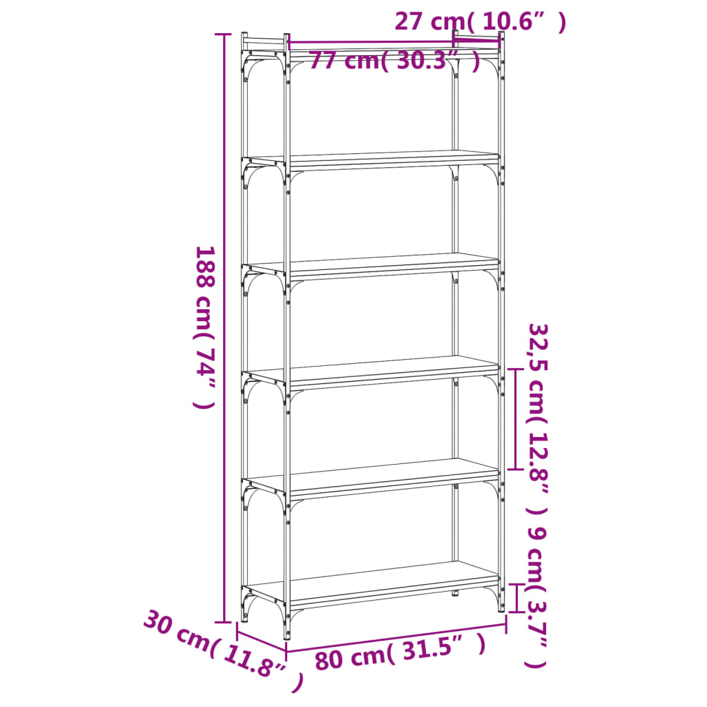 Libreria a 6 Ripiani Nera 80x30x188 cm in Legno Multistrato