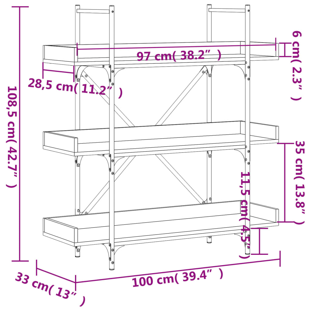 Libreria 3 Ripiani Grigio Sonoma 100x33x108,5 Legno Multistrato
