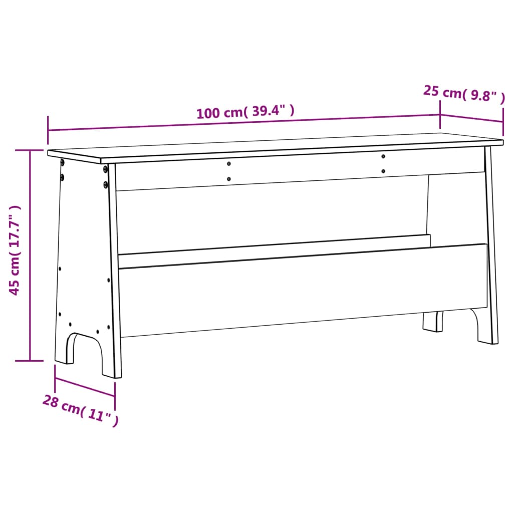 Panca da ingresso bianca 100x28x45 cm in legno massello di pino