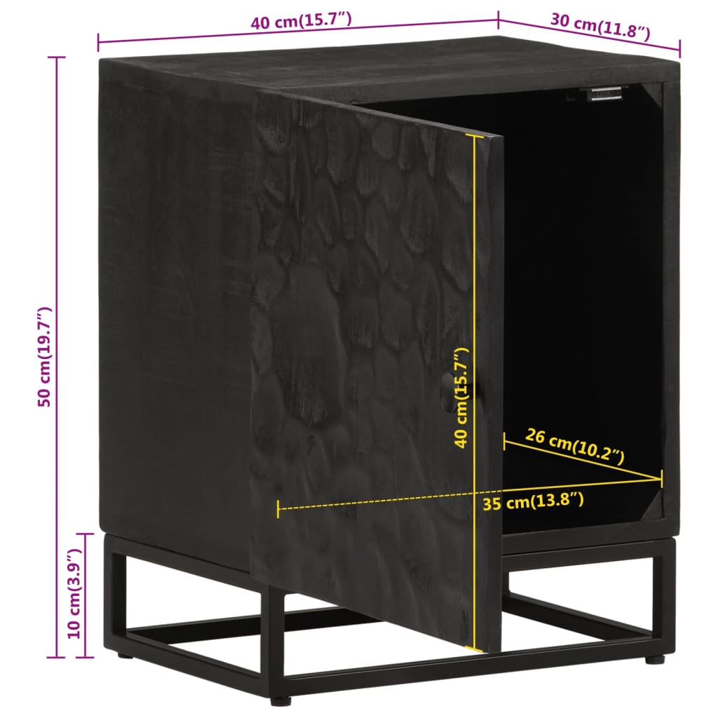 Comodino Nero 40x30x50 cm in Legno Massello di Mango e Ferro
