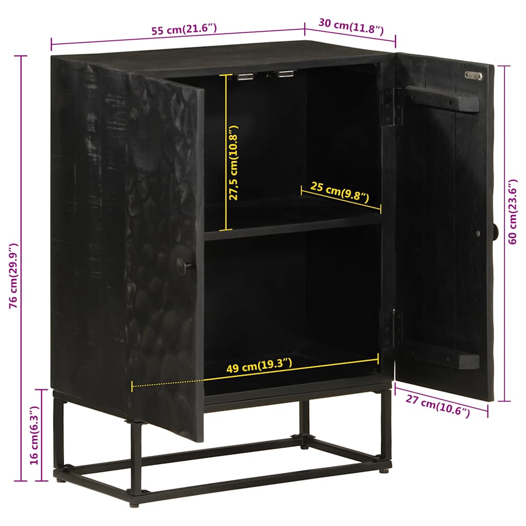 Credenza Nera 55x30x76 cm in Legno Massello di Mango e Ferro