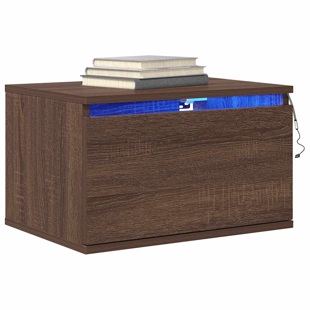 Comodino a Parete con luci LED Rovere Marrone
