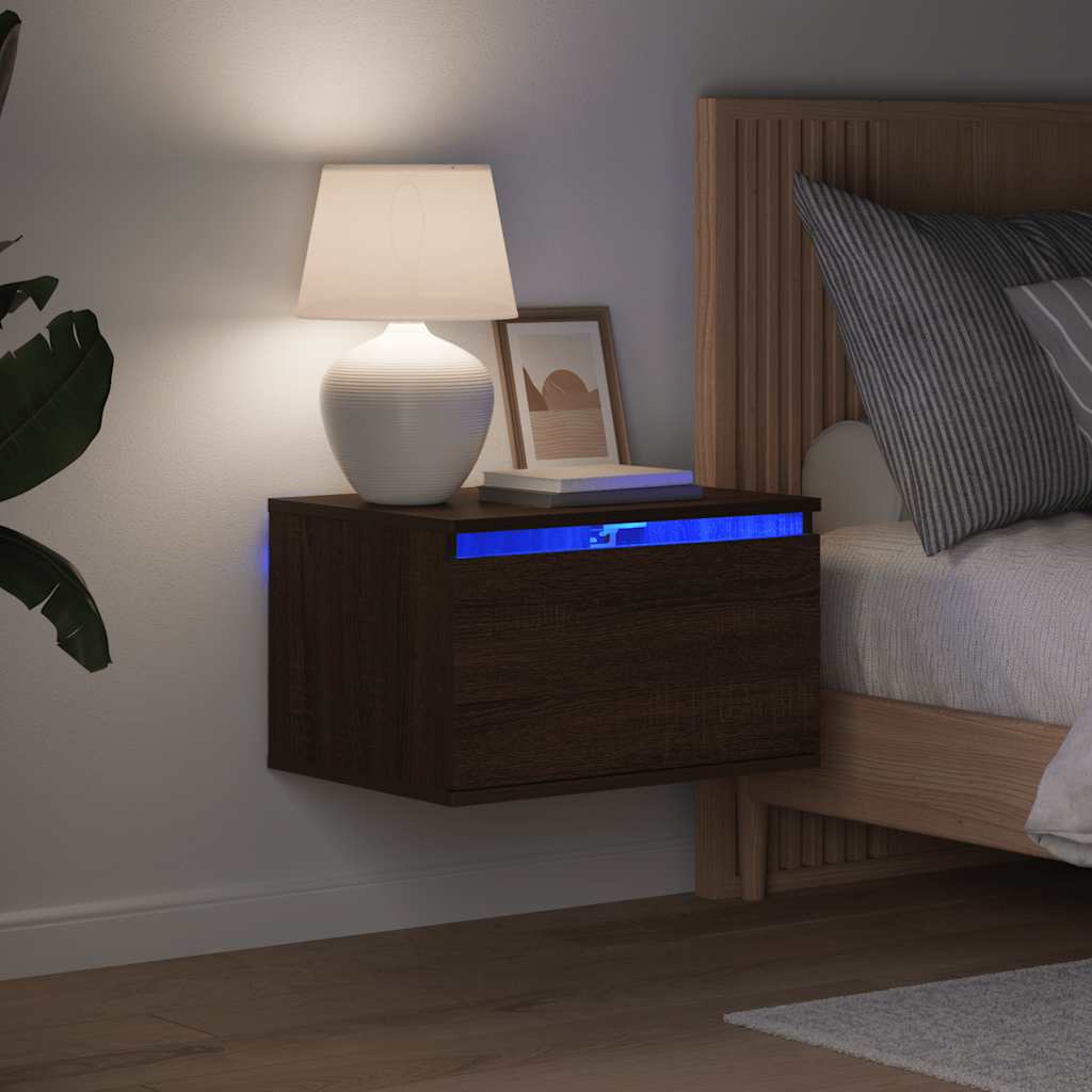 Comodino a Parete con luci LED Rovere Marrone