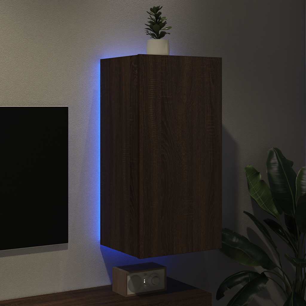 Mobile TV a Parete con Luci LED Rovere Marrone 40,5x35x80 cm