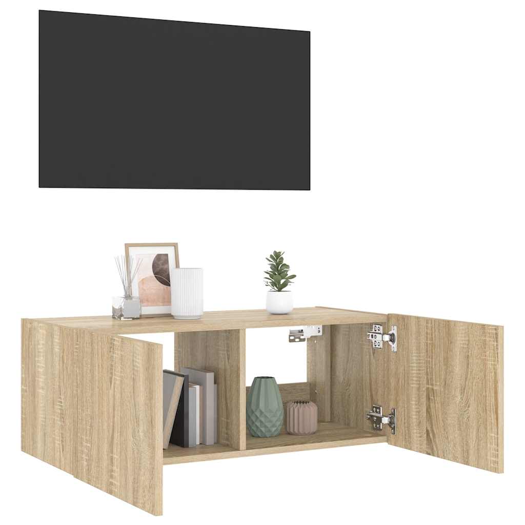 Mobile TV a Parete con Luci LED Rovere Sonoma 80x35x31 cm