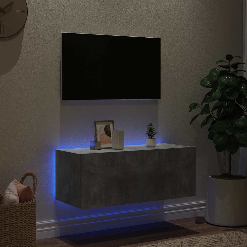 Mobile TV a Parete con Luci LED Grigio Cemento 80x35x31 cm