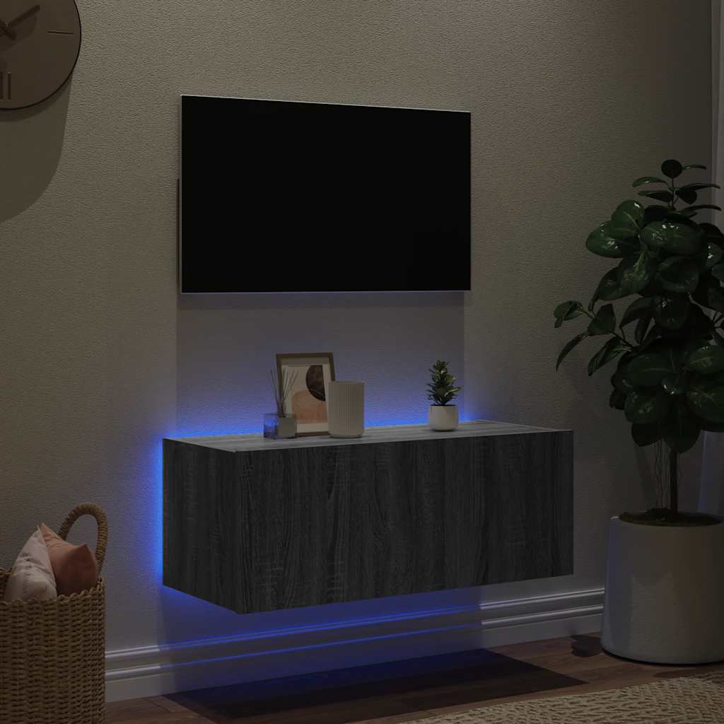 Mobile TV a Parete con Luci LED Grigio Sonoma 80x35x31 cm