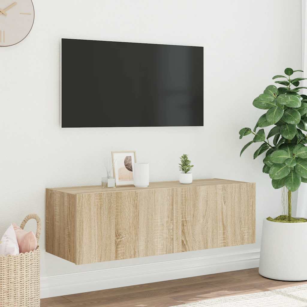 Mobile TV a Parete con Luci LED Rovere Sonoma 100x35x31 cm
