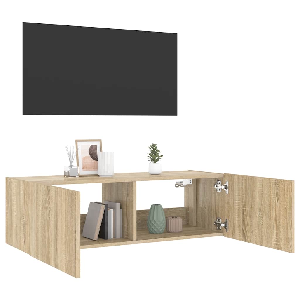 Mobile TV a Parete con Luci LED Rovere Sonoma 100x35x31 cm