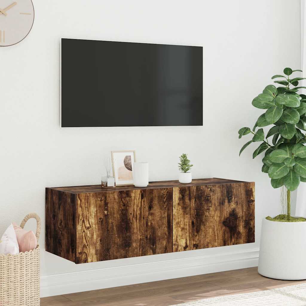 Mobile TV a Parete con Luci LED Rovere Fumo 100x35x31 cm
