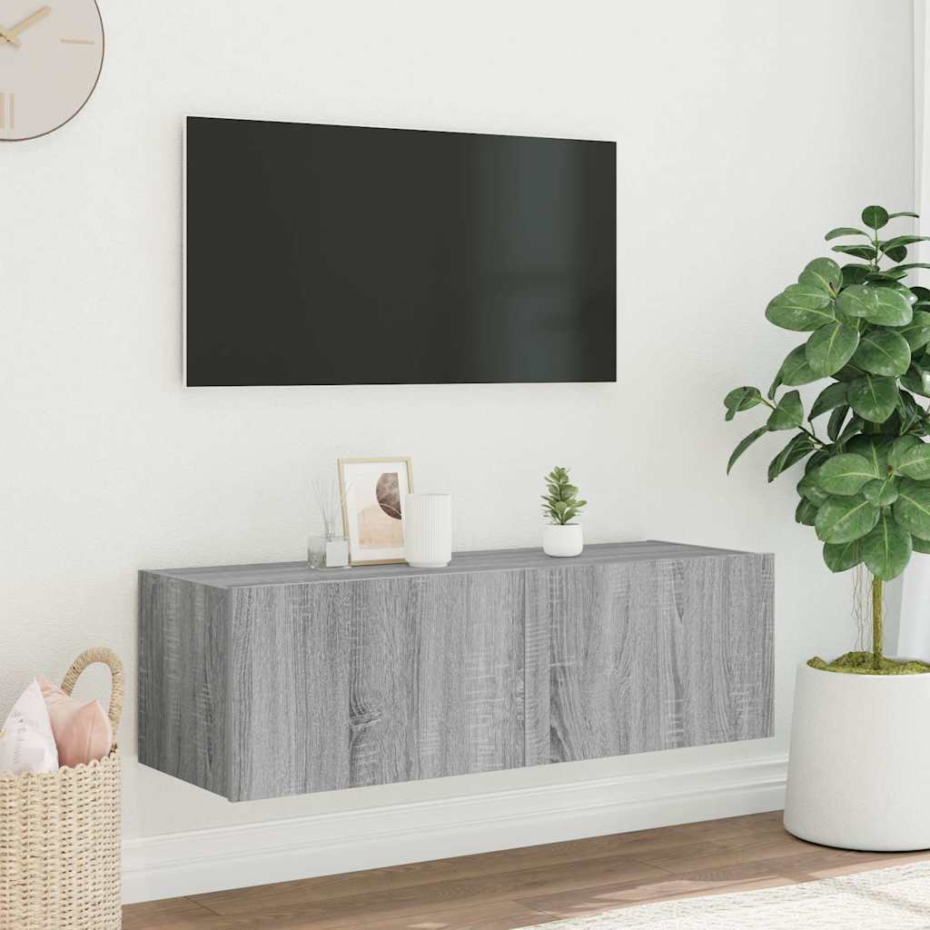 Mobile TV a Parete con Luci LED Grigio Sonoma 100x35x31 cm